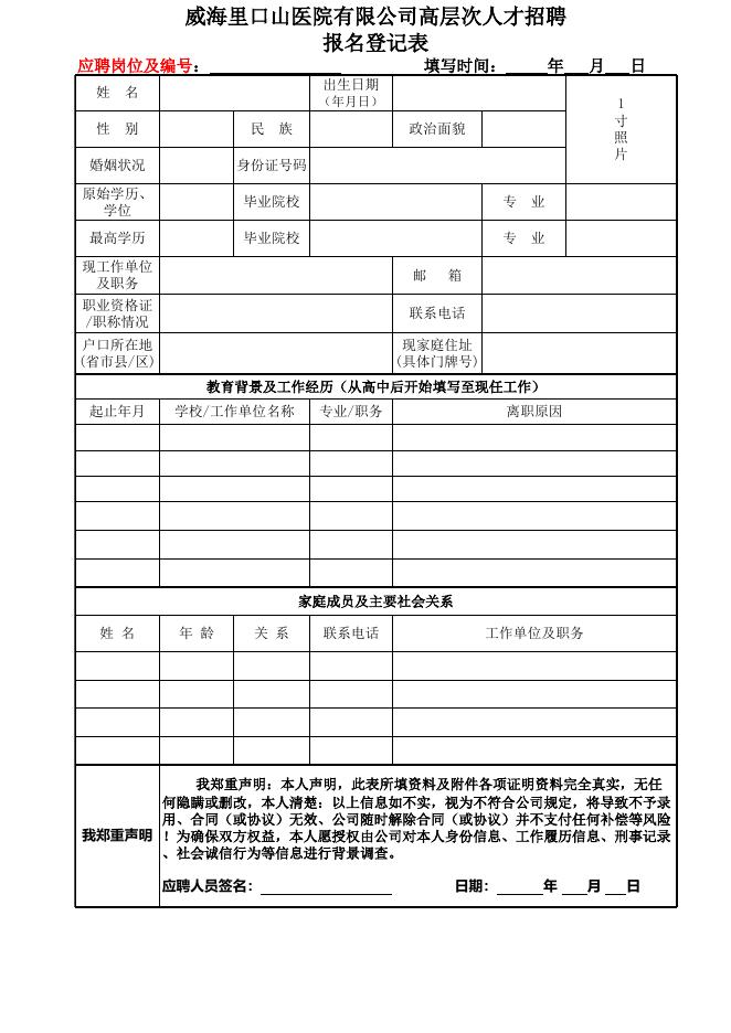 附件1：威海里口山医院有限公司高层次人才招聘报名登记表.xls