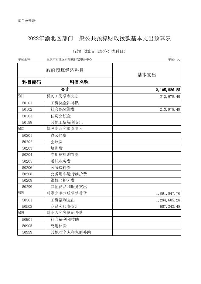 重庆市渝北区石船镇村建服务中心2022年部门预算公开表.xls