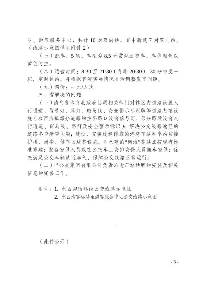 关于开通乌鲁木齐县水西沟镇环线公交线路的通知.doc